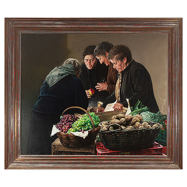 Justo Revilla (Madrid, 1940)  Mujeres en el mercado.  Óleo sobre lienzo. Firmado. 