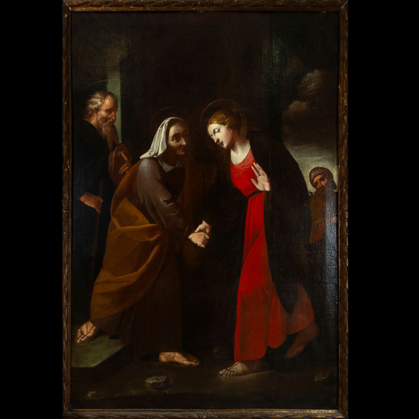 Massimo Stanzione (Atella 1585 - Nápoles 1656) atribuido, "Visitación de la Santísima Virgen María a su prima Isabel". Escuela italiana del siglo XVII.