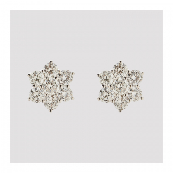 Pendientes rosetón en oro blanco con diamantes talla brillante engastados en garras.