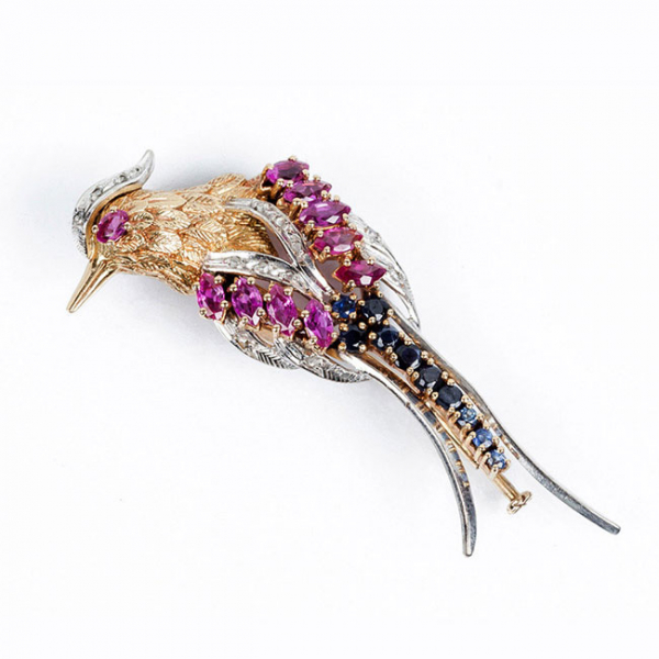 Broche-alfiler vintage en oro blanco y amarillo 18 K, con motivo de ave, con rubíes finos, zafiros azules y diamantitos